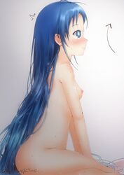 bangs blue_eyes blue_hair blush breasts closed_mouth embarrassed eyebrows_visible_through_hair female full_body kantai_collection long_hair mae_(maesanpicture) md5_mismatch nervous nude samidare_(kantai_collection) sex simple_background small_breasts smile solo sweat sweatdrop swept_bangs twitter_username very_long_hair white_background