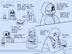 breasts clothed clothing comic comic_(under(her)tail) english_text food frisk frisky_(under(her)tail) hamburger sans sketch text thewill under(her)tail undertale undertale_fanfiction