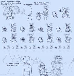 1boy 2girls breasts clothed clothing comedy comic comic_(under(her)tail) english_text fan_character female frisk frisky_(under(her)tail) funny humor male papyrus sans skeleton sketch tempus_(under(her)tail) text thewill under(her)tail undertale undertale_fanfiction