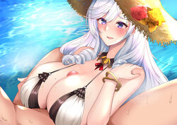 1boy 1girls algerie_(azur_lane) algerie_(white_sand_paradise)_(azur_lane) azur_lane bangs bare_shoulders bikini blush bracelet breast_squeeze breasts censored cleavage dain_(bishop_m) detached_collar drill_hair eyebrows_visible_through_hair female flower hand_up hat hat_flower huge_breasts jewelry light-skinned_female light-skinned_male light_skin mole mole_on_breast mole_under_eye mosaic_censoring open_mouth paizuri penis purple_eyes silver_hair smile solo_focus straight straw_hat sun_hat swimsuit two-tone_bikini vichya_dominion_(azur_lane) water wet white_bikini