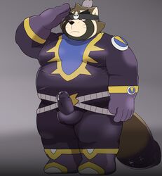 accessory anthro belly bodysuit brainwashing canid canine clothing erection genitals gesture headband hi_res live-a-hero male male_only mammal omo_kemo penis raccoon_dog salute shoen_(live_a_hero) skinsuit slightly_chubby solo spandex tanuki tenting tight_clothing