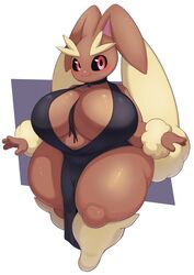 absurd_res anthro big_breasts blush breasts choker cleavage clothed clothing dress female fur furry furry_only hi_res huge_breasts jewelry large_breasts looking_at_viewer lopunny necklace nintendo overweight overweight_anthro overweight_female pokémon_(species) pokemon pokemon_(species) pururing shortstack solo thick_thighs thunder_thighs video_games wide_hips