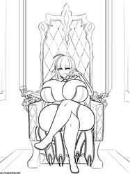 1girls alphaerasure black_and_white calamity_(alphaerasure) chair chubby clothed demon_girl female female_only gigantic_breasts huge_ass huge_breasts monochrome sitting sketch slightly_chubby smile smug solo stockings thick_thighs thigh_squish tight_clothing wide_hips