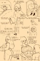 1boy 1girls anthro apron breasts comic duo english_text female food frisk frisky_(under(her)tail) horns male naked_apron nipple_bulge pie sketch text thewill toriel tutori_(under(her)tail) under(her)tail undertale undertale_fanfiction