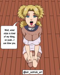 1girls ahe_gao bare_shoulders big_breasts blonde_hair breasts cleavage commentary erect_nipples female female_only fishnet_bodysuit fishnet_legwear fishnets kneeling large_breasts long_hair looking_at_viewer naruto naruto_(classic) naruto_(series) nipples offering on_knees oral oral_insinuation oral_invitation quad_tails sexually_suggestive short_kimono solo speech_bubble talking talking_to_viewer temari text throat tied_hair tongue tongue_out
