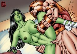 1boy 1girls big_breasts black_hair bottomless_male breasts female fingerless_gloves gloves green-skinned_female green_skin hulk_(series) juggernaut leandro_comics long_hair male marvel marvel_comics muscles muscular_male naked_female nipples pleasuring_the_enemy sex she-hulk shoes straight tight_pussy vaginal_penetration x-men