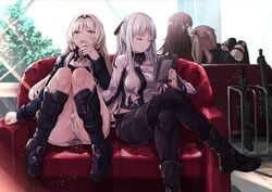 4girls ak-12_(girls'_frontline) an-94_(girls'_frontline) embarrassed exhibitionism fingering girls'_frontline gun h_mashima m4a1_(girls'_frontline) multiple_girls public pussy_juice st_ar-15_(girls'_frontline) tears upskirt wet_panties white_panties yuri