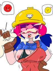 belly_button black_bra bra brawl_stars breasts cum ejaculation gloves handjob jacky_(brawl_stars) nip_slip nipple nipple_slip overalls penis pink-tinted_eyewear tinted_eyewear upper_body veiny veiny_penis visor wht9h-nsfw