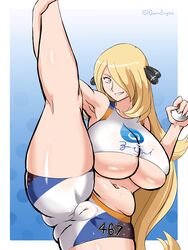 1girls armpit belly big_breasts bike_shorts blonde_hair breasts cameltoe cynthia_(pokemon) darm_engine eye_contact female grey_eyes hair_ornament hair_over_one_eye holding_poke_ball huge_breasts huge_thighs large_breasts leg_hold leg_hold_pose leg_lift leg_up long_hair looking_at_viewer mature_female midriff minishorts nessa_(pokemon)_(cosplay) nintendo overflowing_breasts plump pokeball pokemon pokemon_dppt pokemon_ss pose posing pussy_visible_through_clothes shorts skin_tight smile splits sportswear standing_on_one_leg tank_top thick_thighs thighs underboob vertical_splits voluptuous