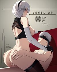 1boy 1girls akihiro94 anus ass ass_grab back_cutout backless black_legwear blindfold blue_eyes blush breasts breasts_out cowgirl_position elbow_gloves english_text female gameplay_mechanics gloves hairband hand_on_shoulder hands_on_ass male nier nier:_automata penis pussy short_hair sideboob sleeveless smile square_enix straight text thighhighs vaginal_penetration white_hair yorha_2b yorha_9s