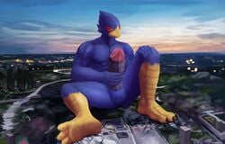 absurd_res anthro avian balls beak bird blue_body building building_penetration building_sex city destruction erection falco_lombardi feet genitals hi_res humanoid_genitalia humanoid_penis macro male male_only masturbation nintendo penetrable_sex_toy penis sex_toy sitting solutionwcs star_fox video_games