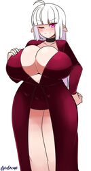 1girls alphaerasure calamity_(alphaerasure) chubby clothed demon_girl female female_only huge_ass large_breasts purple_eyes red_eyes slightly_chubby smile smug solo standing thick_thighs white_hair