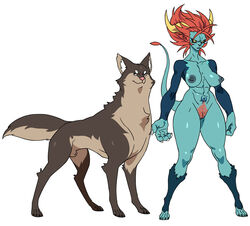 abs animal_genitalia big_hands black_sclera blue_body blue_fur breasts canid canine canis chest_tuft claws demon demon_humanoid digitigrade duo female feral fluffy fluffy_tail fully_sheathed fur furrowed_brow genitals grey_body grey_fur hair horn humanoid humanoid_pointy_ears inner_ear_fluff jijis-waifus looking_away male mammal nipples nude pussy red_hair red_pubes sheath simple_background smile spread_legs spreading standing tail_tuft tattoo tuft white_background wolf yellow_eyes