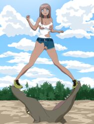 alligator asahina_aoi ass_visible_through_thighs breasts crocodile danganronpa dark_skin jaws nipples pussy ripped_clothing sneakers spread_legs straight_hair swamp tank_top tears thighs