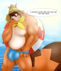 2016 anthro blush brown_body brown_fur bulge canid canine clothing english_text fur genital_outline hat headgear headwear male male_only mammal mario_(series) mosin nintendo penis_outline raccoon_(mario) raccoon_dog slightly_chubby solo solo_male swimwear tanuki text video_games water