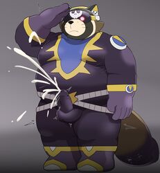 anthro belly bodily_fluids bodysuit brainwashing canid canine clothing cum erection genital_fluids genitals gesture hi_res live-a-hero male male_only mammal omo_kemo penis raccoon_dog salute shoen_(live_a_hero) skinsuit slightly_chubby solo spandex tanuki tenting tight_clothing