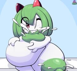 breasts drinking_milk emillie_(zanbonsen) excessive_lactation green_hair groping huge_breasts hyper hyper_breasts kirlia lactating lactation large_breasts nipples one_eye_closed pokémon_(species) pokemon pokemon_(species) self_grope sitting_down sucking_nipples zanbonsen