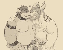 2020 2boys anthro asgore_dreemurr balls belly boss_monster bovid bowser caprine closed_eyes cock_ring duo erection galrock gay genitals heart hi_res humanoid_hands kissing male male/male male_only mammal mario_(series) monochrome moobs nintendo nipples overweight overweight_male penis undertale video_games