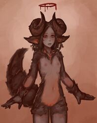 black_hair blood bodily_fluids breasts brown_eyes curved_horn demon_girl female fluffy fluffy_tail fur genitals grey_body grey_fur halo highres horn humanoid looking_at_viewer navel nipples nude open_mouth portals_of_phereon pussy small_breasts solo standing syvaron