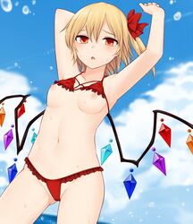 arm_up armpits ass_visible_through_thighs bikini bikini_lift blonde_hair blush breasts cameltoe eyebrows_visible_through_hair female flandre_scarlet frilled_bikini frills groin hair_ornament hair_ribbon highres looking_at_viewer miyo_(ranthath) nipples ocean open_mouth outdoors red_bikini red_eyes ribbon shiny shiny_hair shiny_skin short_hair sky solo standing swimsuit swimwear touhou wings