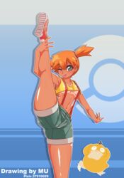 1girls breasts cameltoe female kasumi_(pokemon) leg_up minishorts mu_(artist) nintendo orange_hair pokemon pokemon_rgby psyduck shoes short_hair shorts small_breasts sneakers tan_skin tanline thick_thighs thighs yellow_body