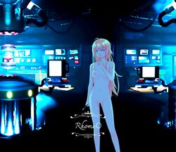 blonde_hair blue_eyes breasts computer costume dark female holding long_hair messy_hair new_game! open_mouth pussy rhosavior science_fiction smile solo standing very_long_hair yagami_kou