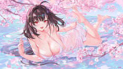 16:9_aspect_ratio 1girls :d ahoge atdan azur_lane bare_arms bare_shoulders barefoot bikini bikini_top breasts brown_hair cherry_blossom cleavage dress eagle_union_(azur_lane) earrings feet female female_only flower front-tie_bikini front-tie_top hair_ornament halter_top halterneck high_resolution independence_(azur_lane) jewelry large_breasts legs_up light-skinned_female light_skin long_hair looking_at_viewer lying mole naughty_face neck_ribbon on_stomach open_mouth petals pink_flower red_eyes ribbon saliva see-through sleeveless sleeveless_dress slit_pupils smile soles solo strap_pull swimsuit teasing the_pose thighs toes tongue tongue_out tree_branch water wet wet_clothes wet_dress white_bikini white_dress white_swimsuit