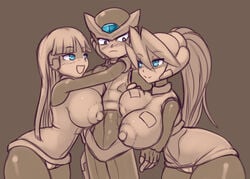 1boy 2girls big_breasts blue_eyes breasts ciel_(mega_man) curvy_figure erect_nipples hugging ichduhernz large_breasts long_hair mega_man mega_man_zero nipple_bulge partially_colored prairie sketch thick_thighs thighs wide_hips zero_(mega_man)