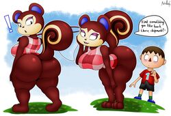 ! 1boy 1girls 2020 absurd_res animal_crossing anthro ass big_ass big_breasts big_butt blush bottomless breasts clothed clothing dialogue duo english_text erection erection_under_clothing female fur furry hi_res huge_butt human looking_back male mammal nintendo partially_clothed pecan_(animal_crossing) rodent sciurid tail text thick_thighs topwear ultrastax video_games villager_(animal_crossing) wide_hips xmetalhusky