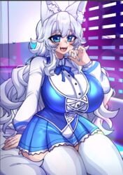 big_breasts blue_eyes curvy dress fangs huge_breasts indie_virtual_youtuber looking_at_viewer lumi_(merryweather) merryweather open_mouth osiimi short_dress silver_hair sitting skirt thick_thighs thighhighs virtual_youtuber wolf_ears wolf_girl wolf_tail