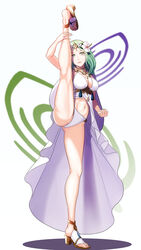 breasts cleavage closed_mouth female fire_emblem fire_emblem:_three_houses fire_emblem_heroes flexible flower full_body green_eyes green_hair hair_flower hair_ornament high_heels highres long_hair nintendo rhea_(fire_emblem) rhea_(summer)_(fire_emblem) sandals solo solo_female splits standing standing_on_one_leg streaked_hair sukkirito_(rangusan) swimsuit vertical_splits white_swimsuit 嗯absurdres