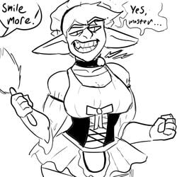 angry dialogue fake_smile female forced_smile goblin goblin_female maid maid_outfit maid_uniform shock_collar