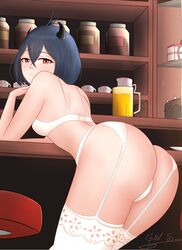 1girls ass background black_clover black_hair female gibb_san horns light-skinned_female light_skin lingerie looking_at_viewer looking_back red_eyes secre_swallowtail showing_ass solo solo_female