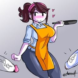 1girls 2boys anor3xia apron apron_only big_breasts blush blushing breasts brown_hair clothed clothes clothing cooking_mama cosplay ear_piercing eyelashes female frying_pan heart jaiden jaiden_animations jaidenanimations male mob_face pants penis simple_background smile smiling tight_pants uncircumcised unseen_male_face vein veins veiny veiny_penis watermark white_skin youtube youtuber