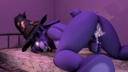 16:9 3d anthro ass_up bodily_fluids bonnie_(fnaf) bound cum cum_inside female five_nights_at_freddy's fur genital_fluids hands_tied lying on_front purple_body purple_fur solo source_filmmaker tongue tongue_out video_games weegeen8or1337 widescreen