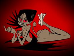 ass black_hair breasts demon demon_girl demon_wings fangs feet female grey_skin looking_at_viewer mole mole_on_ass nipples on_back pointy_ears red_sclera soles solo the_pose themrock toes