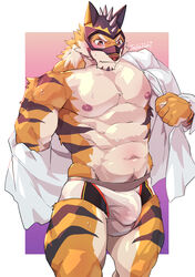 abs absurd_res anthro blush bulge clothing felid hi_res live-a-hero male male_only mammal mask muscular muscular_anthro muscular_male navel nipples pantherine pecs ryekie_(live_a_hero) simple_background solo solo_male speedo superhero swimwear tiger tos_tos_f_ski undressing