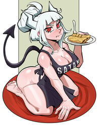 1girls apron ass blush ceehaz demon demon_girl demon_horns demon_tail helltaker horns kneeling lucifer_(helltaker) red_eyes solo tail white_hair