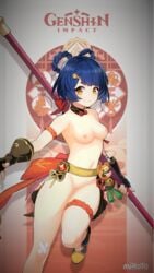 breasts chinese_clothes cute edit female genshin_impact nude_filter pussy short_hair spear video_games xiangling_(genshin_impact) yellow_eyes