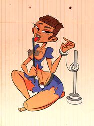 baton big_breasts breasts female freckles half-closed_eyes handcuffs licking looking_at_viewer nipples pole pubic_hair ripped_clothing sanders_(tdi) solo the_ridonculous_race themrock tongue tongue_out total_drama_island