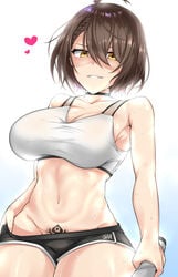 1girls azur_lane baltimore_(azur_lane) baltimore_(black_ace)_(azur_lane) brown_hair collar eagle_union_(azur_lane) female heart large_breasts light-skinned_female light_skin looking_at_viewer netorare pubic_tattoo queen_of_spades short_hair short_shorts shorts solo spade_tattoo sports_bra sportswear sweat tattoo uotoukoku