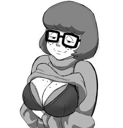 1girls arms_under_breasts black_and_white bob_cut bra breasts cleavage clothed drpizzaboi1 female female_only freckles freckles_on_chest glasses hanna-barbera large_breasts looking_at_breasts looking_down monochrome scooby-doo shirt_up short_hair smile solo sweater sweater_lift velma_dinkley white_background