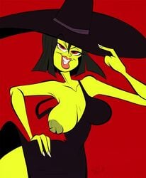 banjo-kazooie big_breasts black_hair breasts female game_over_gruntilda green_skin gruntilda hat long_fingernails looking_at_viewer nipples red_background red_eyes smile solo themrock witch witch_hat