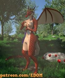 3d_(artwork) 5:6 absurd_res anthro breasts crown custos_lunam digital_media_(artwork) dragon female flower forest hi_res horn huge_filesize invalid_tag loraria nipples nude patreon plant princess red_body royalty shed solo text tree url wings