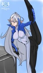 1futa ahoge alysin_drowphiah_(xenxia) atelier_sol_aer blank_stare blue_eyes bodysuit bulge clothed cowlick elf elf_ears erection_under_clothes full-package_futanari fully_clothed futanari high_collar intersex leaning leaning_on_elbow leaning_on_object leg_up long_hair nipple_bulge oversplit penis penis_under_clothes pointy_ears silver_hair simple_background solo_futa spandex splits standing tights vertical_splits xenxia