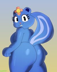 absurd_res accessory anthro ass blue_body blue_fur breasts dezmine21 female flower flower_in_hair fur hair hair_accessory happy_tree_friends heart heart_nose hi_res looking_at_viewer mammal mephitid petunia petunia_(htf) plant shortstack side_boob skunk smile smiling_at_viewer solo