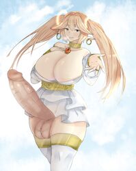 1futa angel belt beltskirt big_balls big_breasts big_penis blonde_hair blue_eyes blush bottomless breasts cleavage double_halo dress earrings futa_only futanari gavreel_(jutsu) goddess golden_earrings half-closed_eyes halo hand_on_breast jutsu_(artist) large_breasts large_penis legwear neckwear older_female original penis penis_out pov reaching_towards_viewer ring seductive seductive_smile skirt sky smile solo solo_futa thick_thighs thighhighs thighs twintails