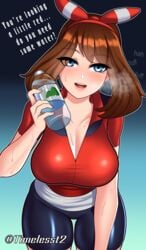 1girls big_breasts bike_shorts blue_background blue_eyes breasts brown_hair cleavage clothed eyes_visible_through_hair female female_only half-closed_eyes headband holding_object large_breasts looking_at_viewer may_(pokemon) may_(pokemon_oras) may_(pokemon_rs) nintendo pokemon pokemon_rse simple_background smile solo sweat text thick_thighs thigh_gap thighs timeless-t water_bottle