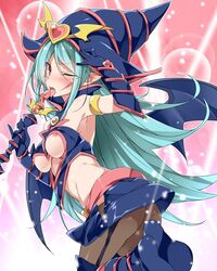 1girls aqua_hair armband arms_up ass bare_shoulders blush boots breasts choco_magician_girl duel_monster elbow_gloves eyebrows_visible_through_hair female garter_straps gloves helmet holding licking long_hair looking_at_viewer medium_breasts mtu_(orewamuzituda) nipples pantyhose pointy_ears red_eyes saliva solo thigh_boots thighhighs tongue tongue_out underboob wand wink yu-gi-oh!