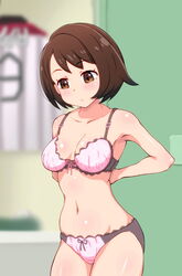 1girls bangs bare_arms bare_shoulders blush bow_panties bra breast_grab breasts brown_hair cleavage collarbone cowboy_shot eyebrows_visible_through_hair female fitting_room gloria_(pokemon) indoors looking_away looking_down medium_breasts navel nintendo panties pink_bra pink_panties pokemon pokemon_ss radio_(mei99) short_hair solo underwear underwear_only undressing